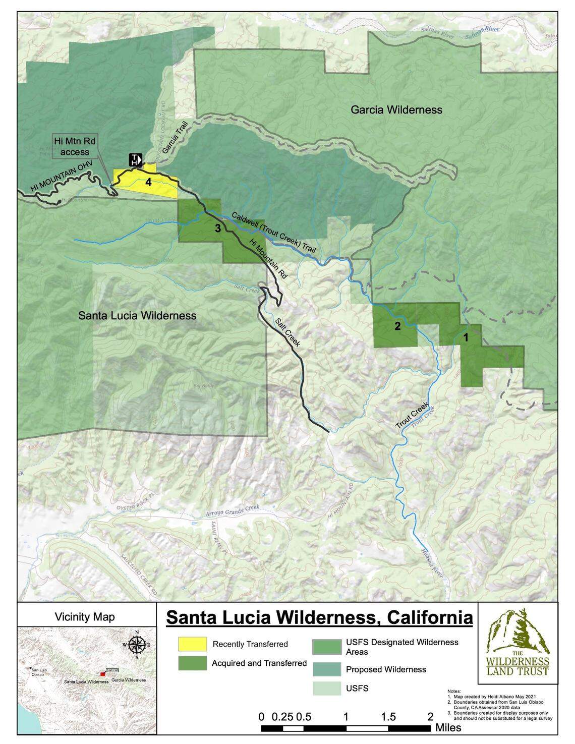 A map of four parcels The Wilderness Land Trust acquired and transferred to the United States Forest Service around the Santa Lucia and Garcia wilderness areas in the Los Padres National Forest in San Luis Obispo County.