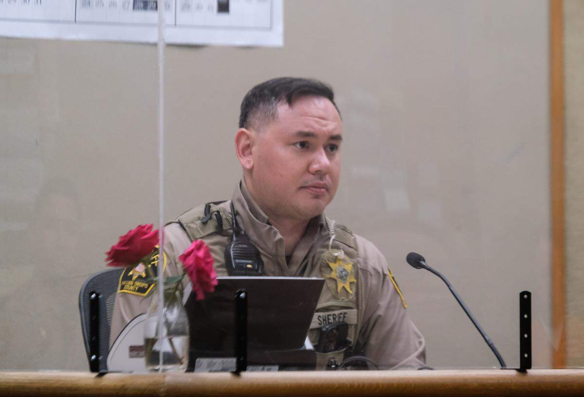 San Luis Obispo County Deputy District Attorney Kristin Barnard questions Atascadero Police Department Det. Craig Martineau during the preliminary hearing against Alfred Leroy Sweet in San Luis Obispo Superior Court on Feb. 1, 2024. Sweet is charged with sexually assaulting a child on multiple occasions.