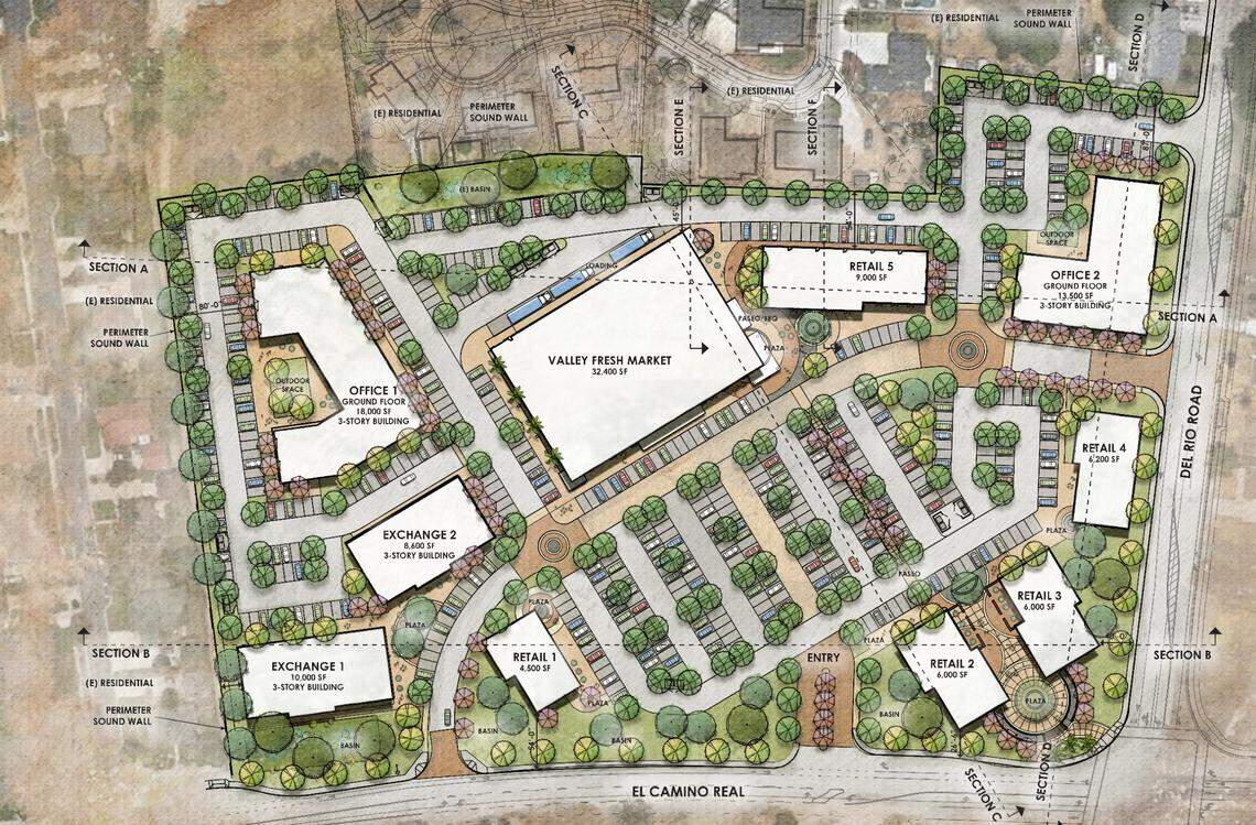 A mixed-use development called Del Rio Marketplace is coming to the corner of El Camino Real and Del Rio Road in Atascadero. Solvang-based Valley Fresh Market will be the anchor tenant, and the center will also include restaurants and retail, plus four three-story mixed-use buildings. The bottom floor of the two “office” buildings will be office space or flex office space, with two floors of apartments on the top. The bottom floor of the “exchange” buildings will be commercial or flex commercial space, with two floors of apartments above. In total, the project will bring 92 market-rate apartment units to Atascadero.