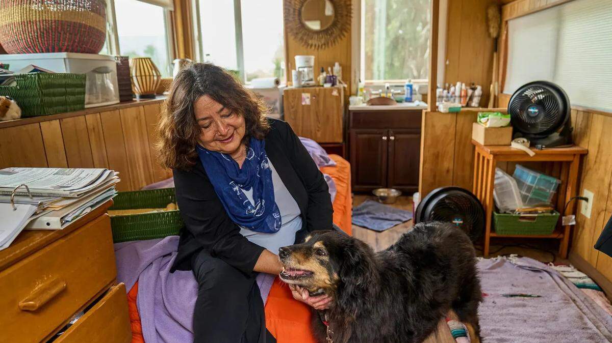Ojai City Council member Suza Francina sits in her 140-square-foot temporary home provided by a friend in Ojai on June 13, 2023.