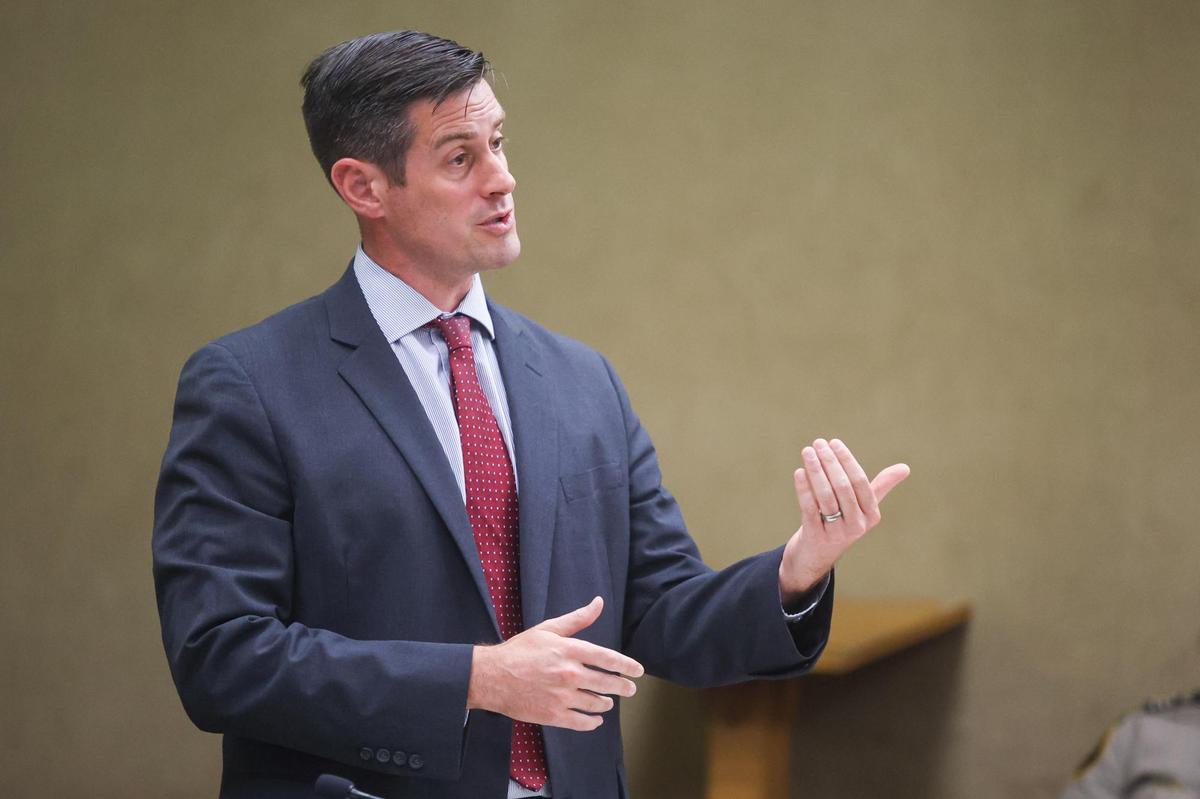 San Luis Obispo County Assistant District Attorney Chris Peuvrelle asks a question of a witness in San Luis Obispo Superior Court on Tuesday, Aug. 3, 2021, during a preliminary hearing for Paul and Ruben Flores.