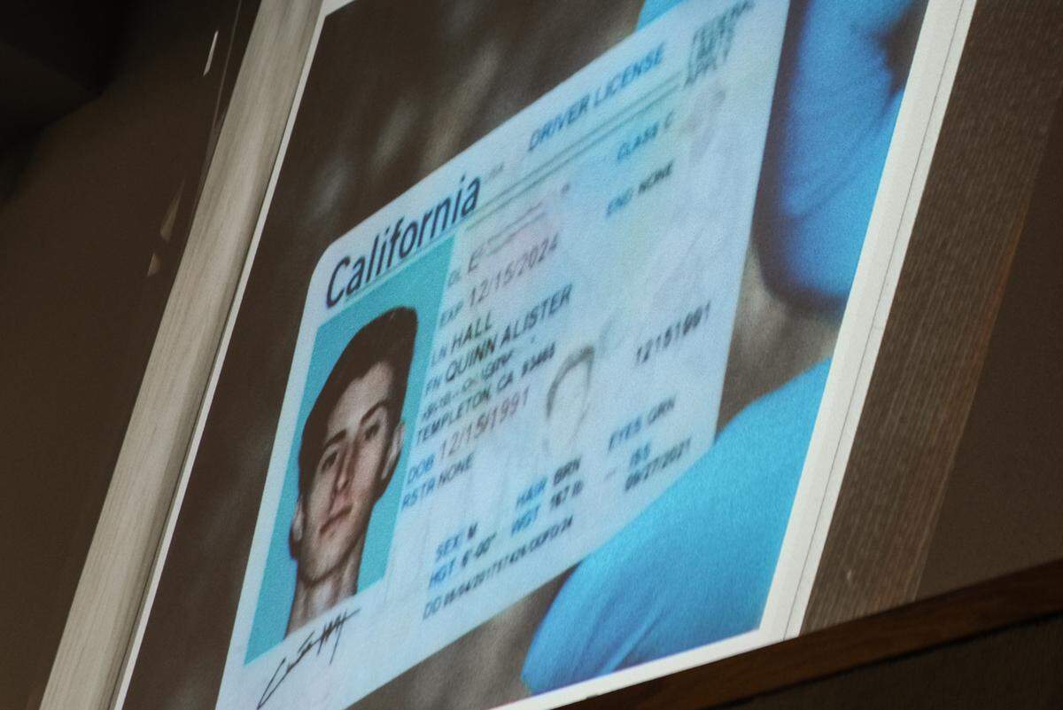 Quinn Hall’s driver’s license was found in his backpack near his dead body on Oct. 27, 2022. It was shown in San Luis Obispo Superior Court during the murder trial against Brandi Turner, who is accused of selling Hall the fentanyl that caused his fatal overdose, on Jan. 8, 2024. The Tribune redacted Hall’s address and driver’s license number from this photo.