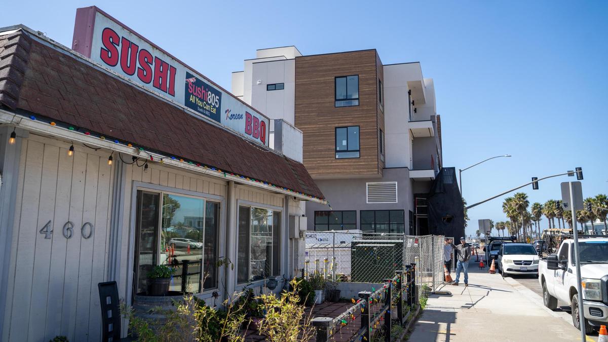 New mixed-use buildings along Grover Beach’s West Grand Avenue increasingly favor using most of the city’s 55-foot maximum height, pictured here Friday, March 7, 2025.