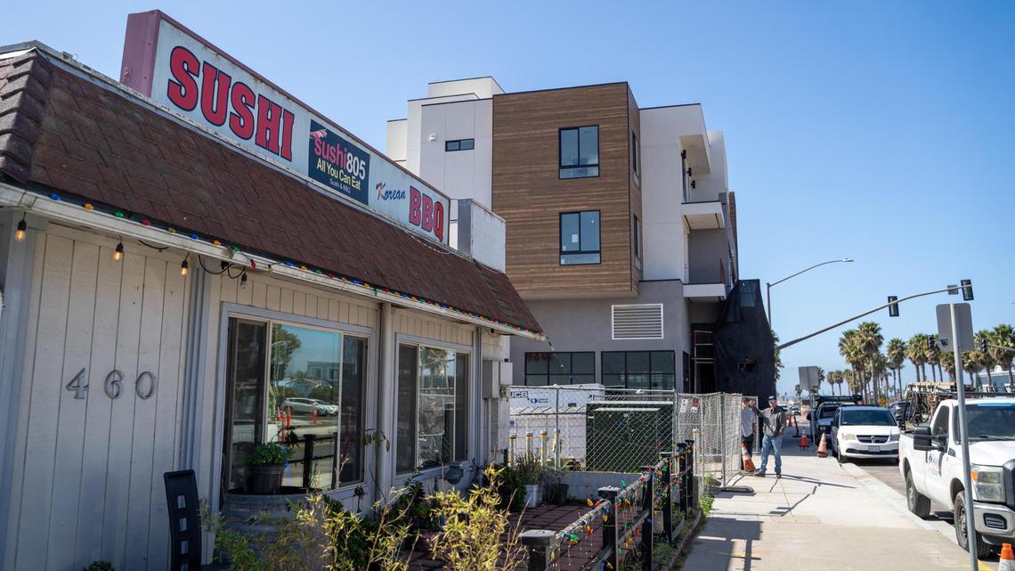 New mixed-use buildings along Grover Beach’s West Grand Avenue increasingly favor using most of the city’s 55-foot maximum height, pictured here Friday, March 7, 2025.