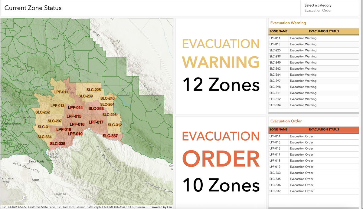 San Luis Obispo County Zones under evacuation orders and warnings on Aug. 5, 2025, due to the Gifford Fire.