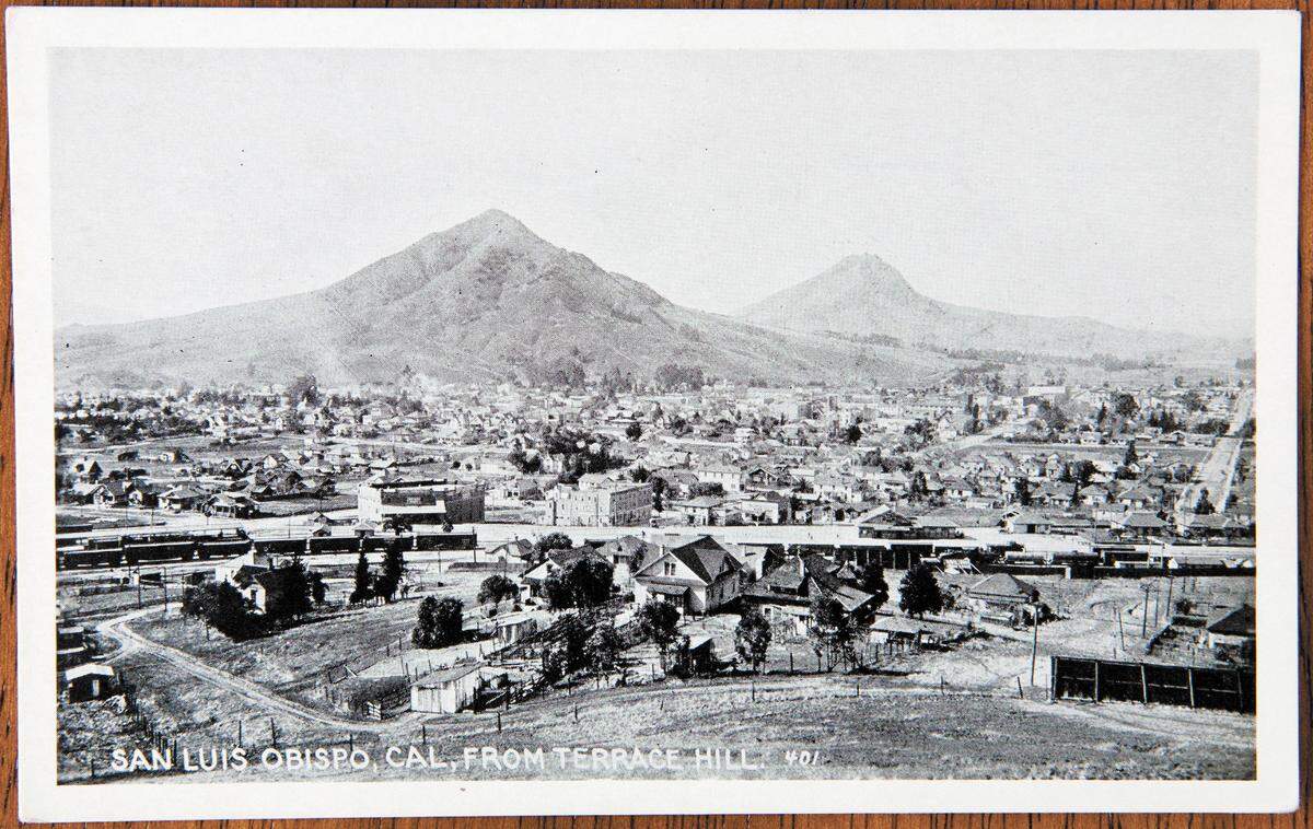 A postcard features a picture of San Luis Obispo taken from Terrace Hill.