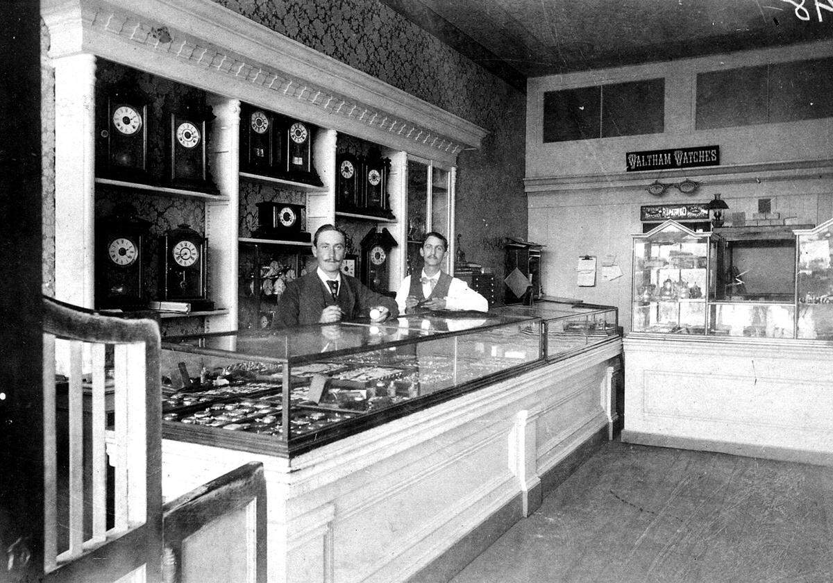 Marshall’s Jewelers in San Luis Obispo in the late 19th century. Manuel Marshall on the left and Mr. Oppliger on the right.