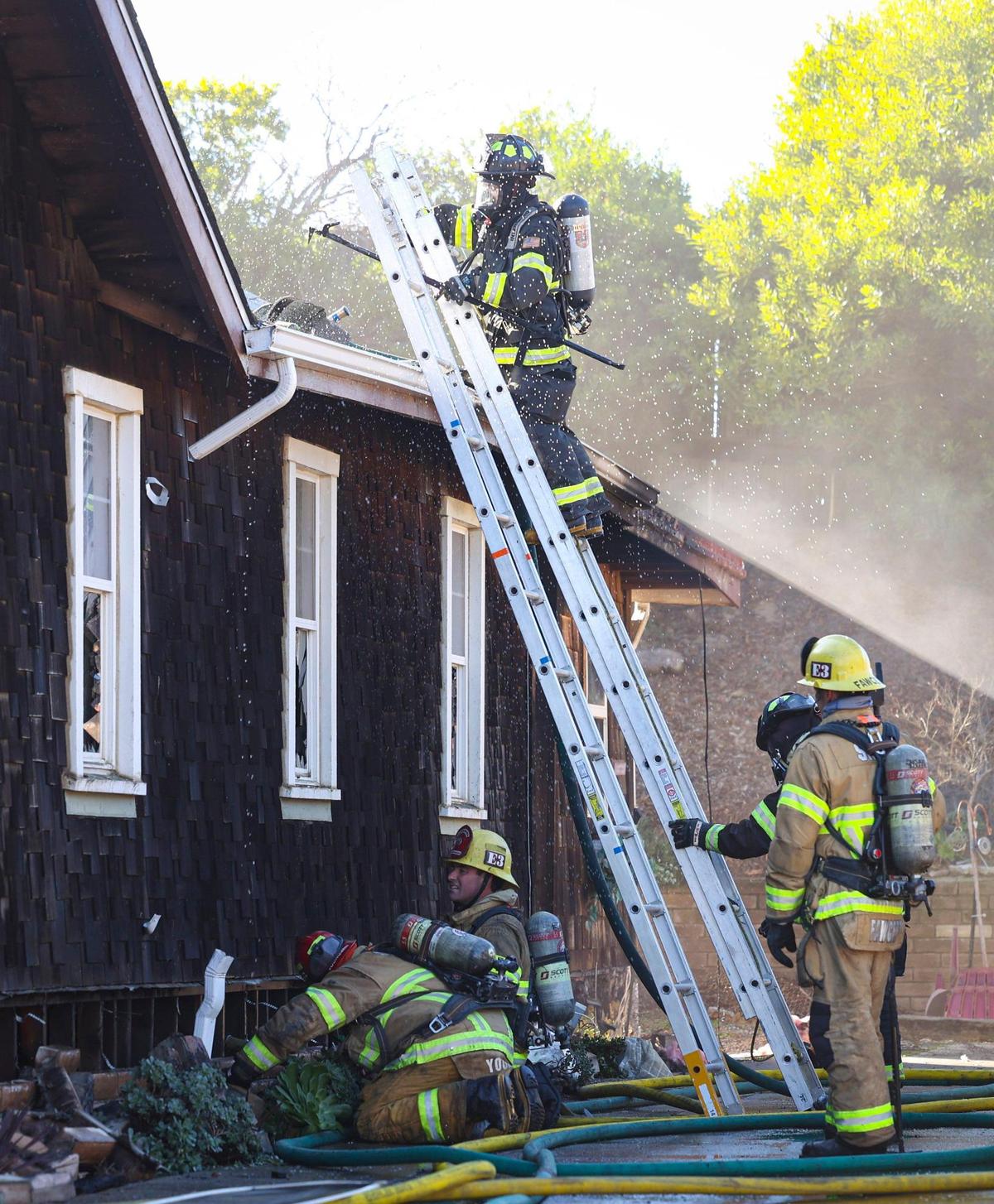 Cal Fire and nearby agencies battle a fire that destroyed a home on the Nipomo Mesa on Monday, Jan. 8, 2024.