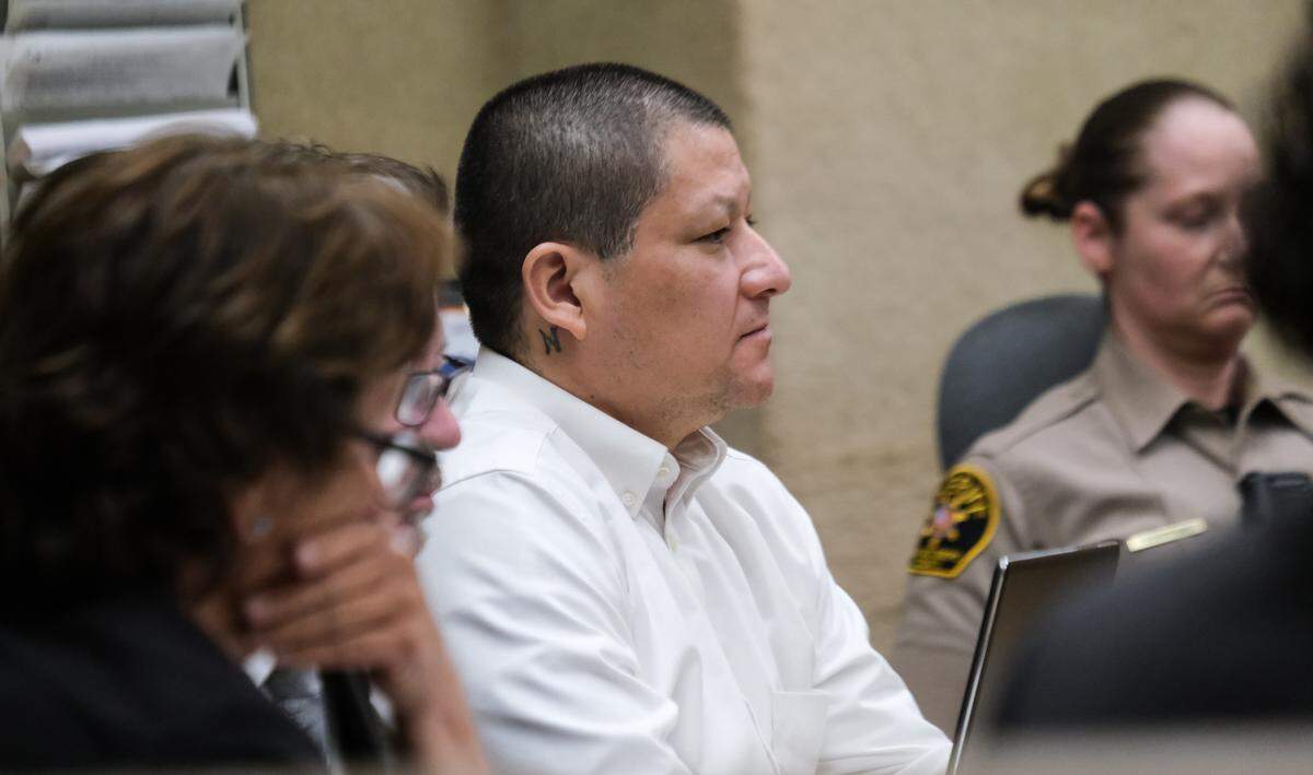 Marco Antonio Cota Jr. listens during his murder trial in San Luis Obispo Superior Court on Feb. 2, 2024. He is accused of killing Rick Fowler and jamming sticks into his body on Nov. 20, 2021.