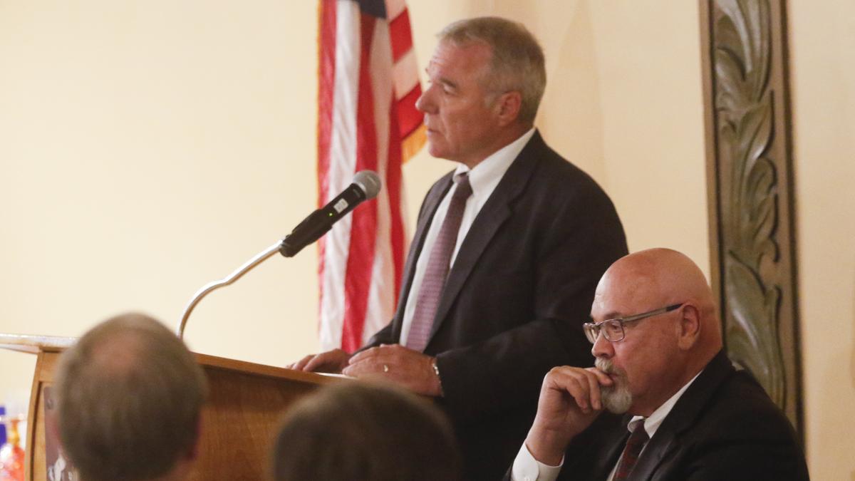 Tim Covello, Ilan Funke-Bilu, make closing statements Thursday at Madonna Inn's Garden Room for a SLO County Bar Association-sponsored candidate forum.