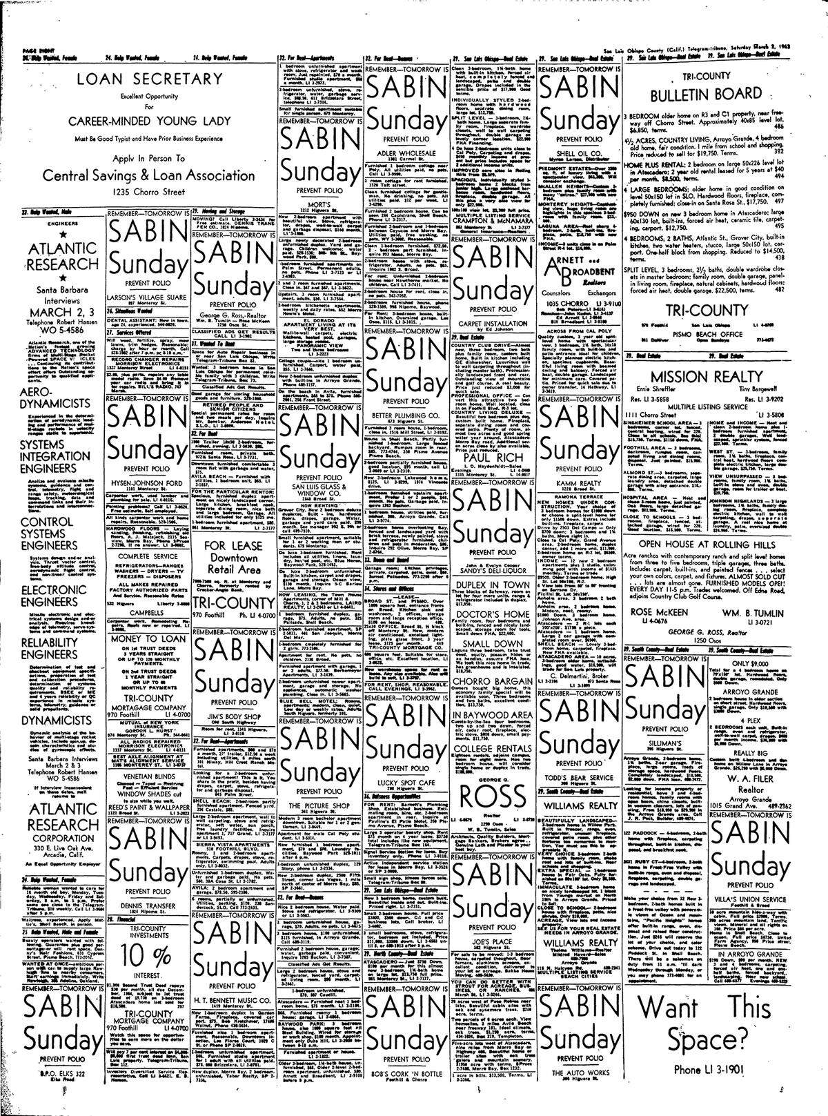 This March 2, 1963, Telegram Tribune classified advertising section featured a reminder to raise money for polio vaccine.