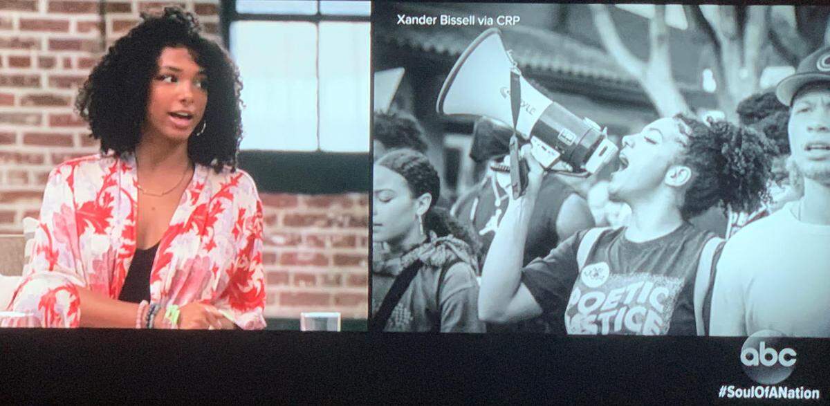San Luis Obispo Black Lives Matter organizer Tianna Arata speaks to “The View” co-host Sunny Hostin during a segment of the ABC docuseries “Soul of a Nation” on March 9, 2021.