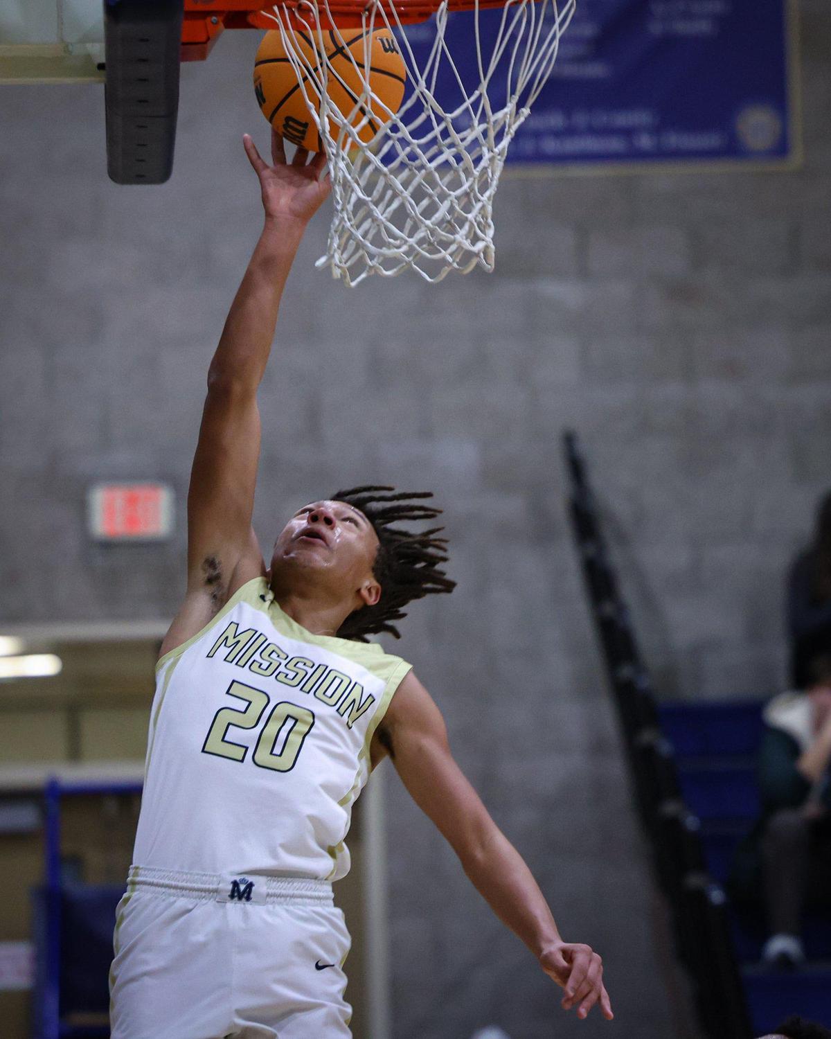 Jayden Nozil puts up two points. Mission Prep basketball team won 72-31 over Atascadero Jan. 6, 2023.