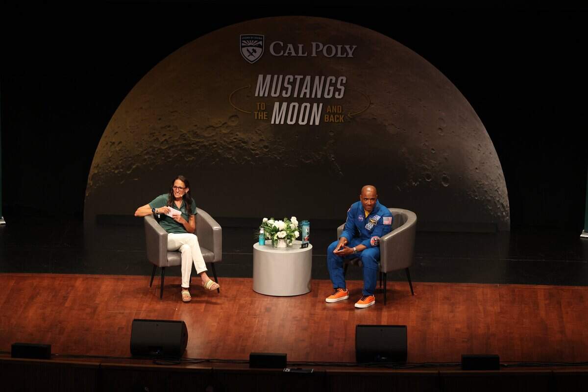 Cal Poly Aerospace Engineering professor Kira Abercromby hosts a Q & A session with NASA astronaut Victor J. Glover on June 16, 2026 at the PAC. Glover was pilot of NASA's Artemis II mission to the moon in April 2026 and is a Cal Poly graduate.