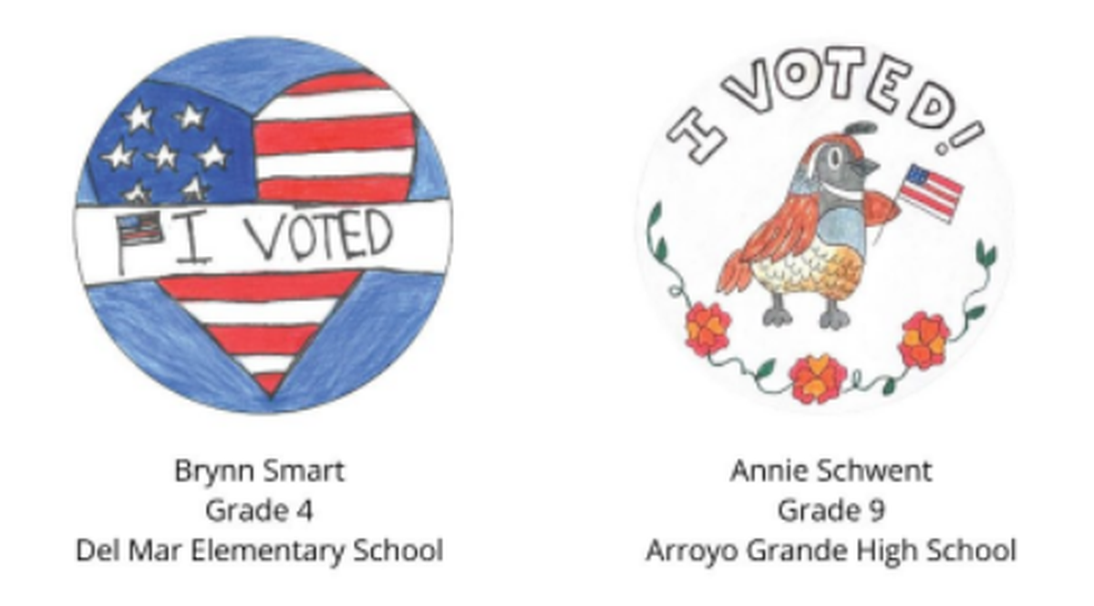 Two of the winning designs from the SLO County Elections Office’s 2026 “I Voted” sticker contest.