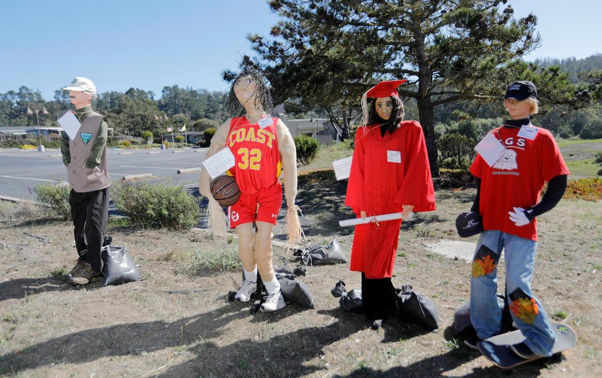 CambriaÕs famous scarecrows are spread out from Cambria to San Simeon to the north. These scarecrows are located on Main Street near Santa Rosa Catholic Church.