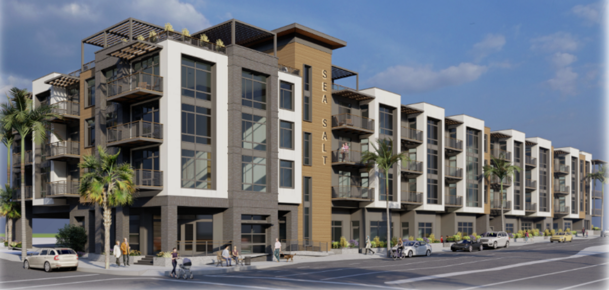 Concept art shows the design plan for a four-story mixed-use project consisting of 2,140 square feet of commercial and retail space, six hotel units and 54 residential apartments from developer Pat Cusack planned for 675 W Grand Ave.