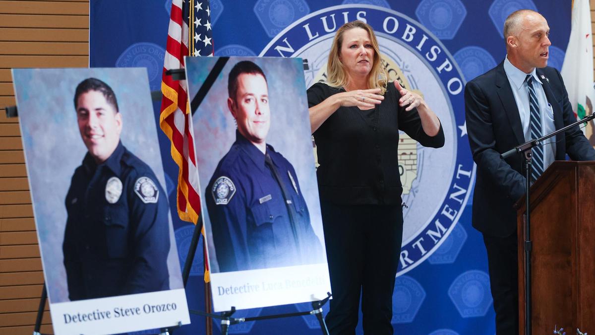 San Luis Obispo police department detective Steve Orozco (left) was wounded and detective Luca Benedetti was killed and during a warrant search on Camellia Court. San Luis Obispo city manager Derek Johnson, and interpreter Robin Babb speak at press conference at Fire Station 1.