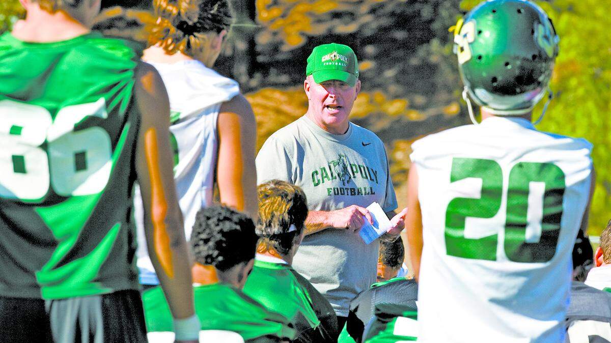 Cal Poly football head coach Tim Walsh addresses the team in August.