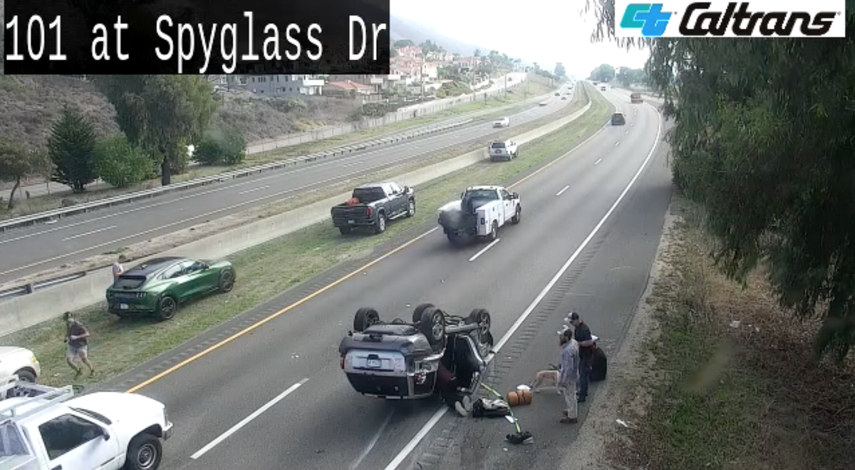 A single-vehicle rollover crash slowed traffic on Highway 101 near the Spyglass exit in Shell Beach on Oct. 31, 2025.
