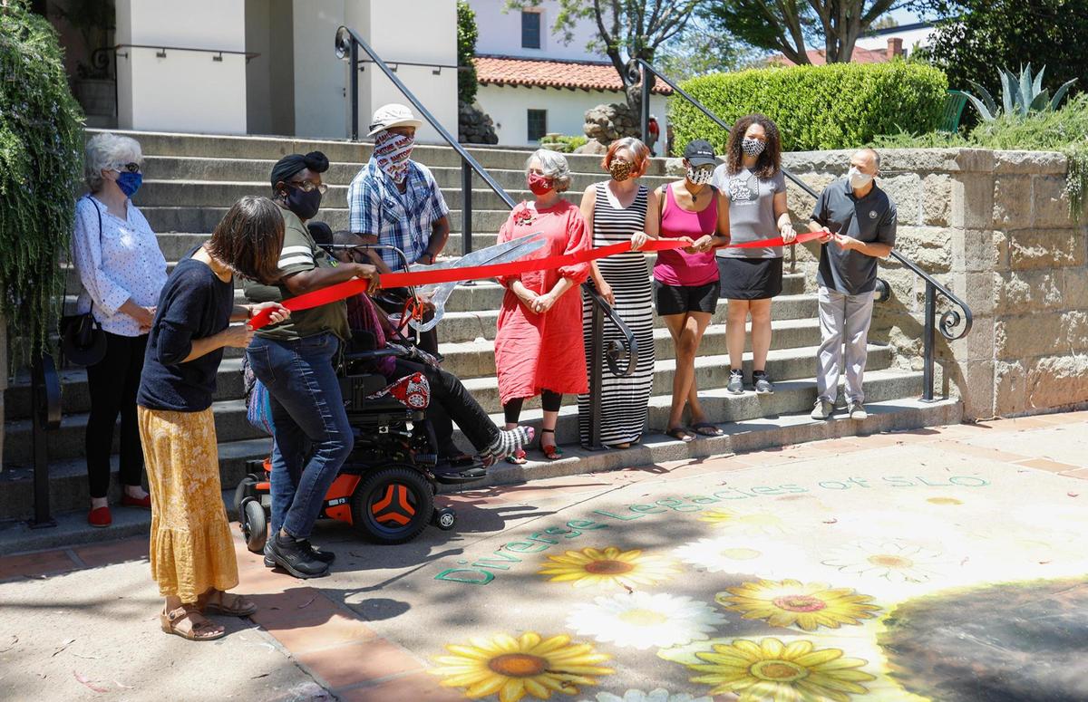 Maxine Lewis’ family were on hand for the ribbon cutting with San Luis Obispo Mayor Heidi Harmon. A chalk mural honoring Maxine Lloyd Lewis is located in Mission Plaza. Lewis was best known for her work as an activist on behalf of community members in need in San Luis Obispo.