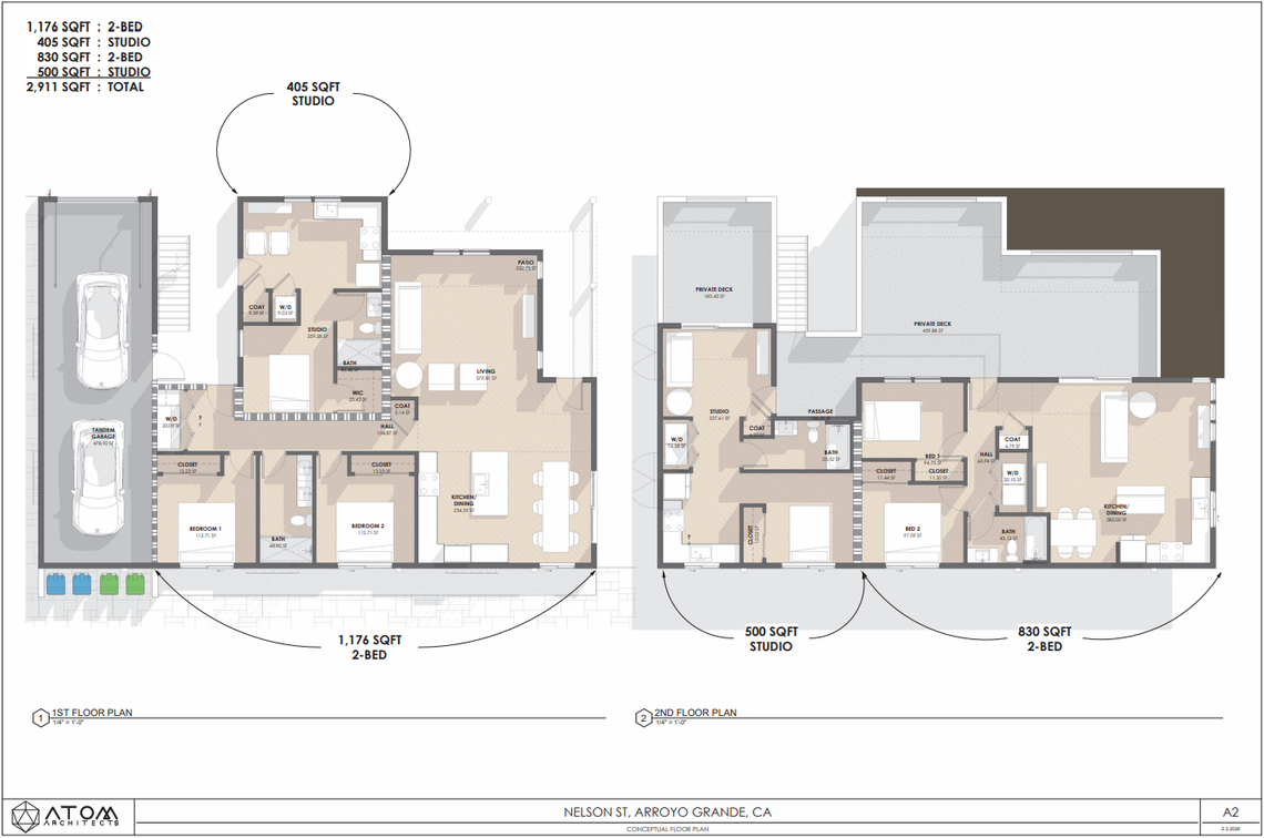 Four two-bedroom units and four studios are coming to a pair of compact, two-story buildings near the southwest corner of Nelson and Short streets in Arroyo Grande.