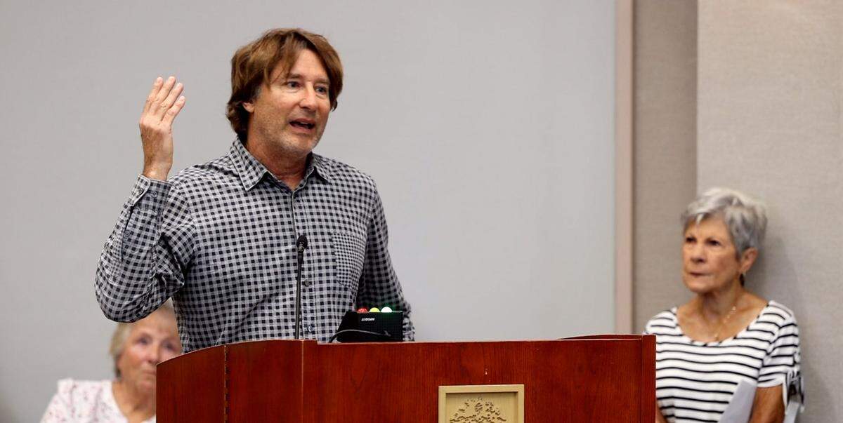 Robert Erzen of San Miguel dryland farms olives and grapes, he speaks during public comment. Paso Robles Area Groundwater Authority Board of Directors took public comment on August 1, 2025. A majority of property owners objected to rates and the action failed.