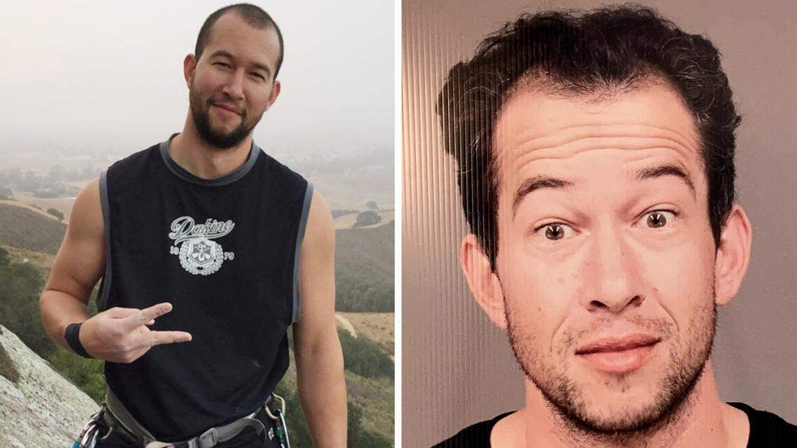 Friends said Edward “Eddie” Giron’s mental health declined significantly over the last year. Here, he’s shown after a climb at Bishop Peak in San Luis Obispo in an undated post from his Instagram account, and in a police mug shot. He was shot 14 times in the incident in an exchange of fire with police on May 10, in which Det. Luca Benedetti was killed, an autopsy shows. Giron died as well in the incident.