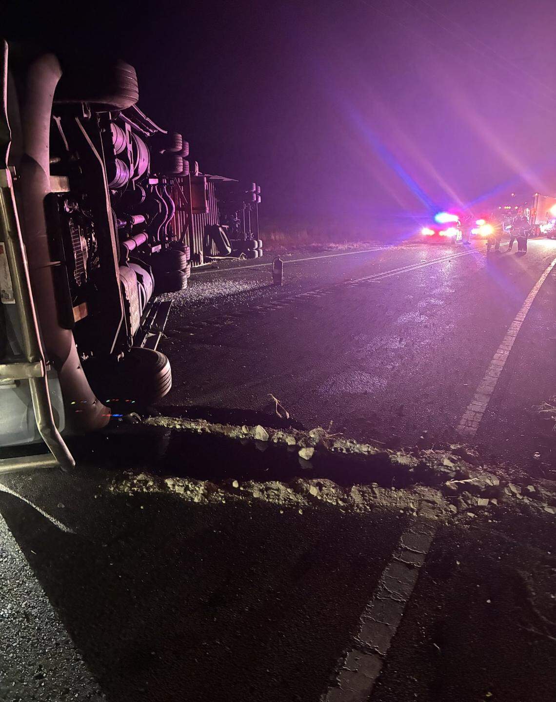 Cal Fire responded to a big rig rollover on Highway 166 near Miranda Canyon Road at around 10:42 p.m. on Tuesday, April 28, 2026.