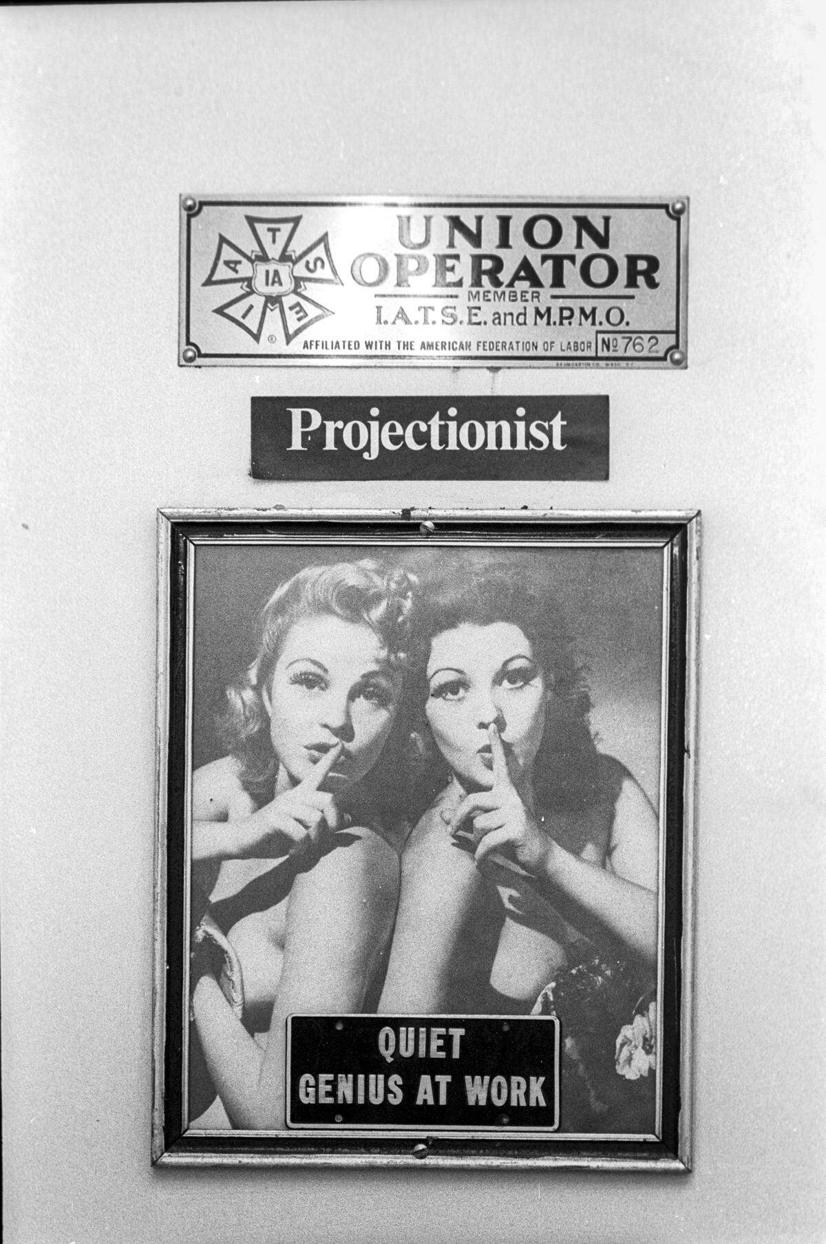 Some of the last carbon-arc projectors in service were replaced at the Fremont Theater in San Luis Obispo after 48 years of service. Photos of stars decorated the walls of the projection booth on Oct. 2, 1990.