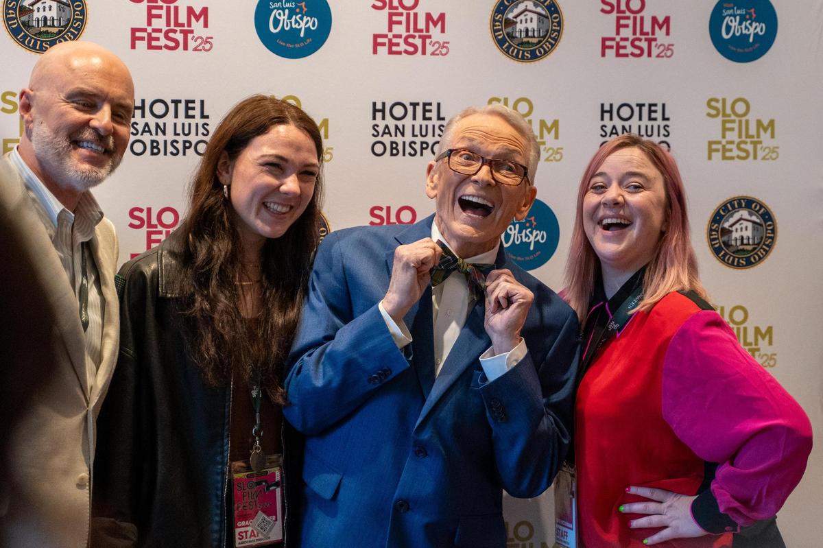 King Vidor Award recipient Bob Mackie poses with designer Joe McFate and San Luis Obispo International Film Festival associate director Grace Turner and Skye McLennan on Monday, April 28, 2025. Mackie, a prolific Hollywood costume designer, received the award at the conclusion of the 2025 San Luis Obispo Film Festival.