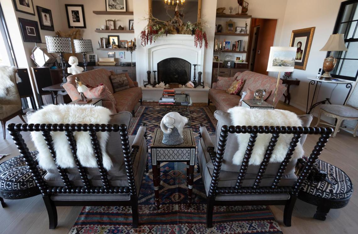 California mission and Spanish colonial styles come together in the living room of the San Miguel home of Charles Miller and Tina Gulotta-Miller.
