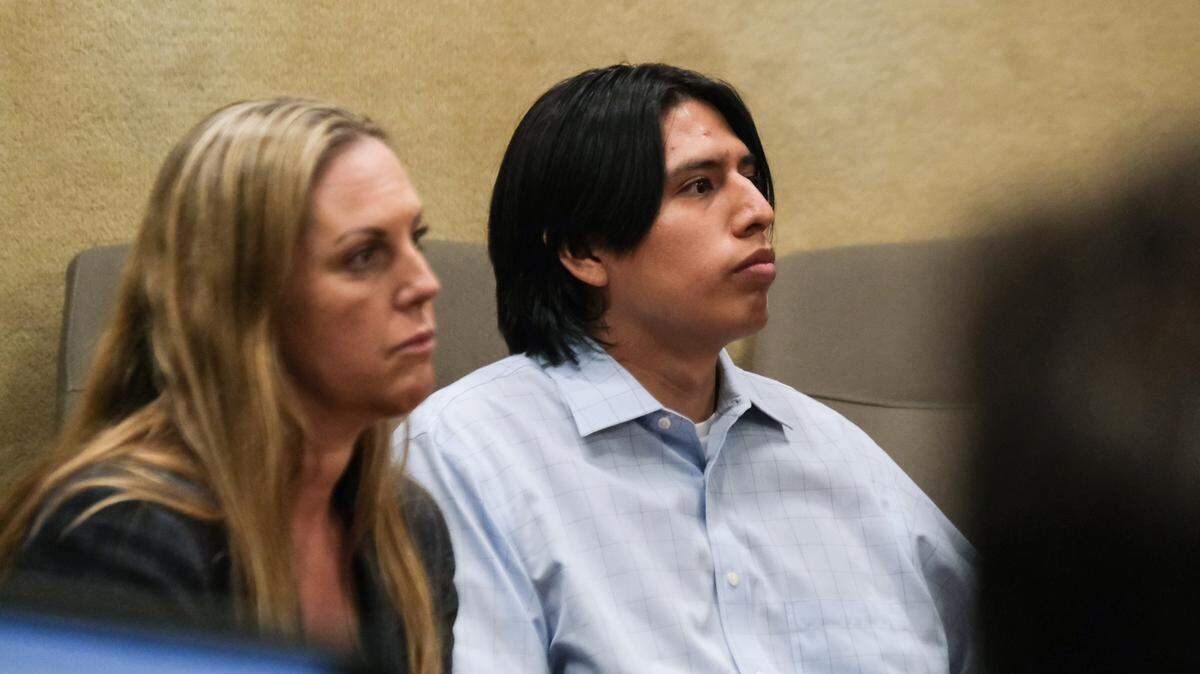 Alexis Alejandro, right, attends his arraignment in San Luis Obispo Superior Court on Sept. 24, 2024, with his attorney. Alejandro is accused of breaking into a Cal Poly apartment and assaulting a female victim with the intent to commit rape.