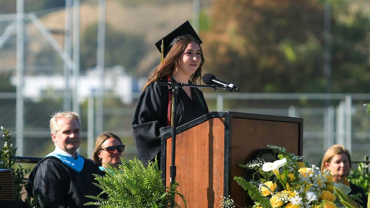 San Luis Obispo High School Associated Student Body president Zoe Fujii speaks during commencement ceremonies at Holt Field on Friday, June 5, 2026. 374 seniors received their diplomas.