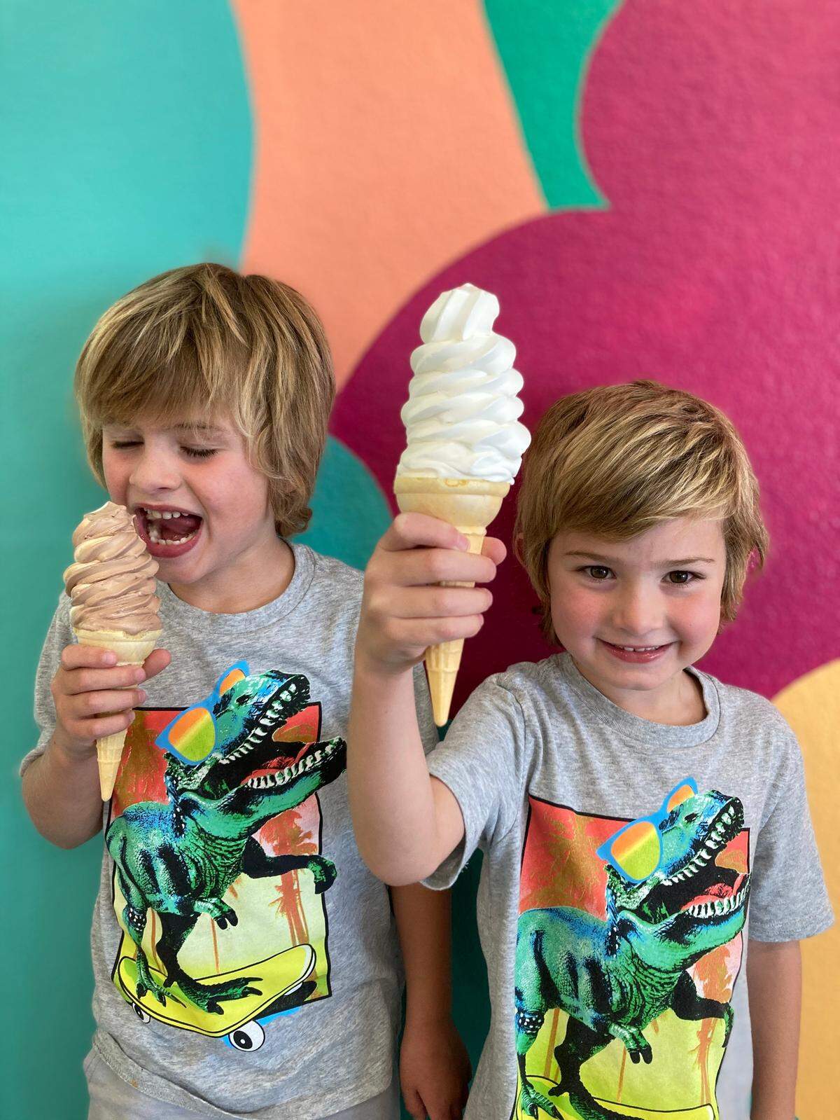 Sullivan and Porter Brown enjoy soft serve ice cream cones at their family’s new business, Chilly Cones Soft Serve Ice Cream.