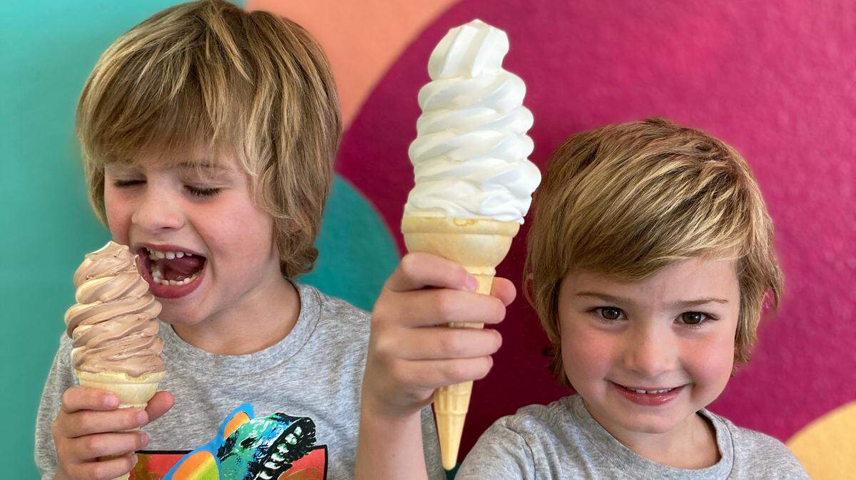 Sullivan and Porter Brown enjoy soft serve ice cream cones at their family’s new business, Chilly Cones Soft Serve Ice Cream in Arroyo Grande.