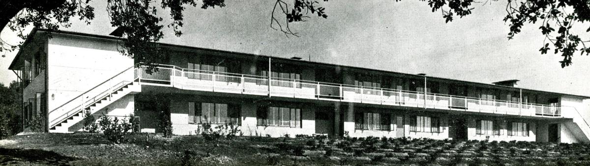 The North Mountain Residence Halls at Cal Poly were based on a design already built at Claremont College. That is why architectural file photos of the buildings were from Pomona. They were rushed into construction when the outbreak of the Korean War removed Camp San Luis Obispo’s hospital housing from Cal Poly’s inventory. Construction started in 1951, and the five buildings were completed for a cost of $250,000 each. They opened in September 1952.