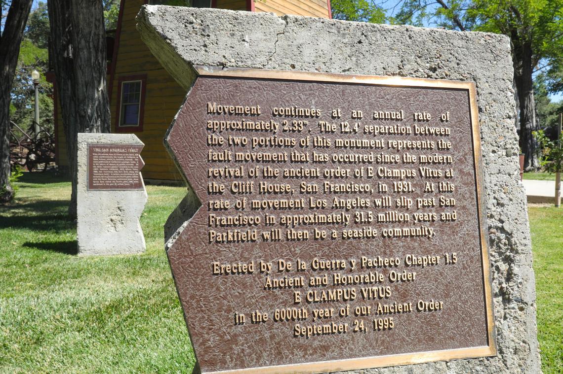 A monument in Parkfield shows how much movement has occurred on the San Andreas Fault since 1931 — 12.4 feet. The average annual movement has been measured at about 2.33 inches per year, increasing during earthquake events. Located on one of the most studied segments of the San Andreas Fault, the tiny Monterey County community bills itself the “Earthquake Capital of the World.”