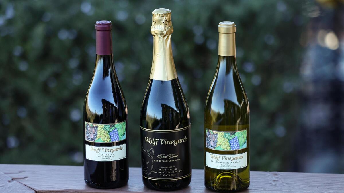 From left, syrah, sparkling wine and Chardonnay wine bottles from Wolff Vineyards in San Luis Obispo’s Edna Valley.