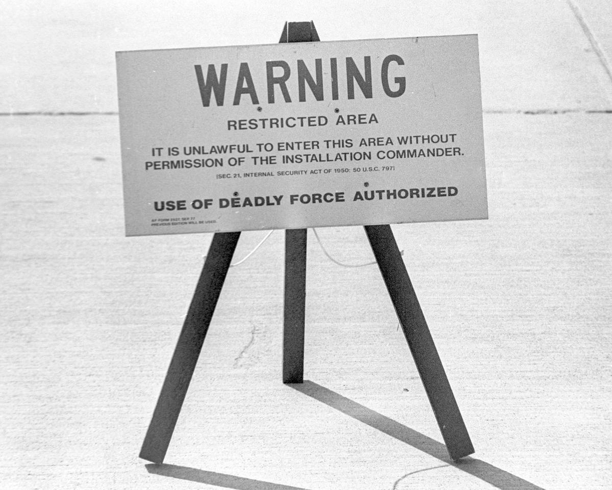 Signs advise of shuttle security. The brand new space shuttle Discovery visited Vandenberg Air Force Base on Nov. 6, 1983.