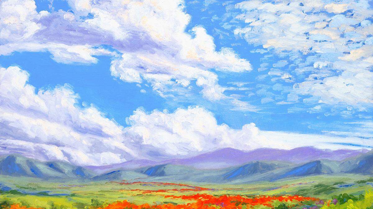 Carrizo spring clouds by Laurel Sherrie is one of the paintings offered in an online sale that will raise funds for the restoration of fire-damaged areas of the Carrizo Plain National Monument.