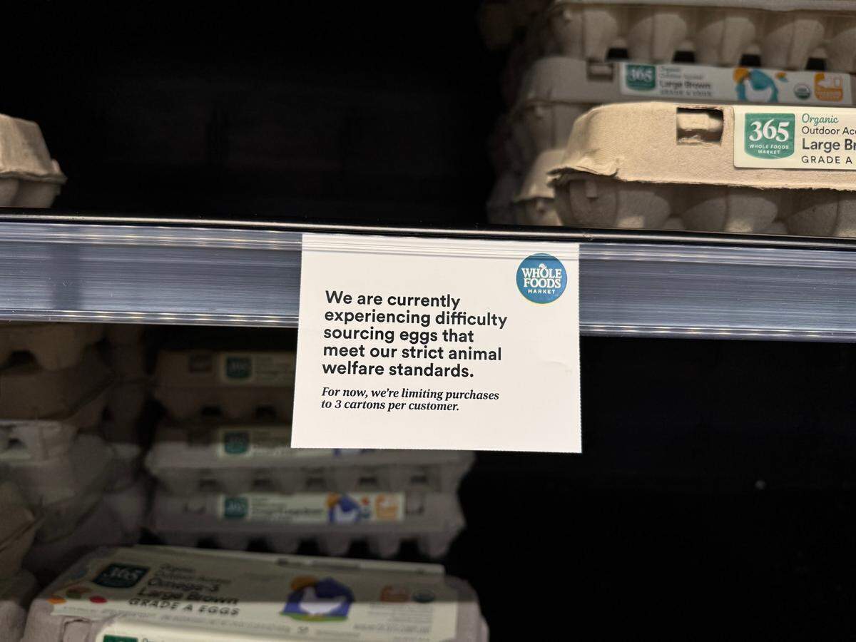 Whole Foods in San Luis Obispo is limiting customers to three cartons of eggs per visit as bird flu continues to affect poultry across California.