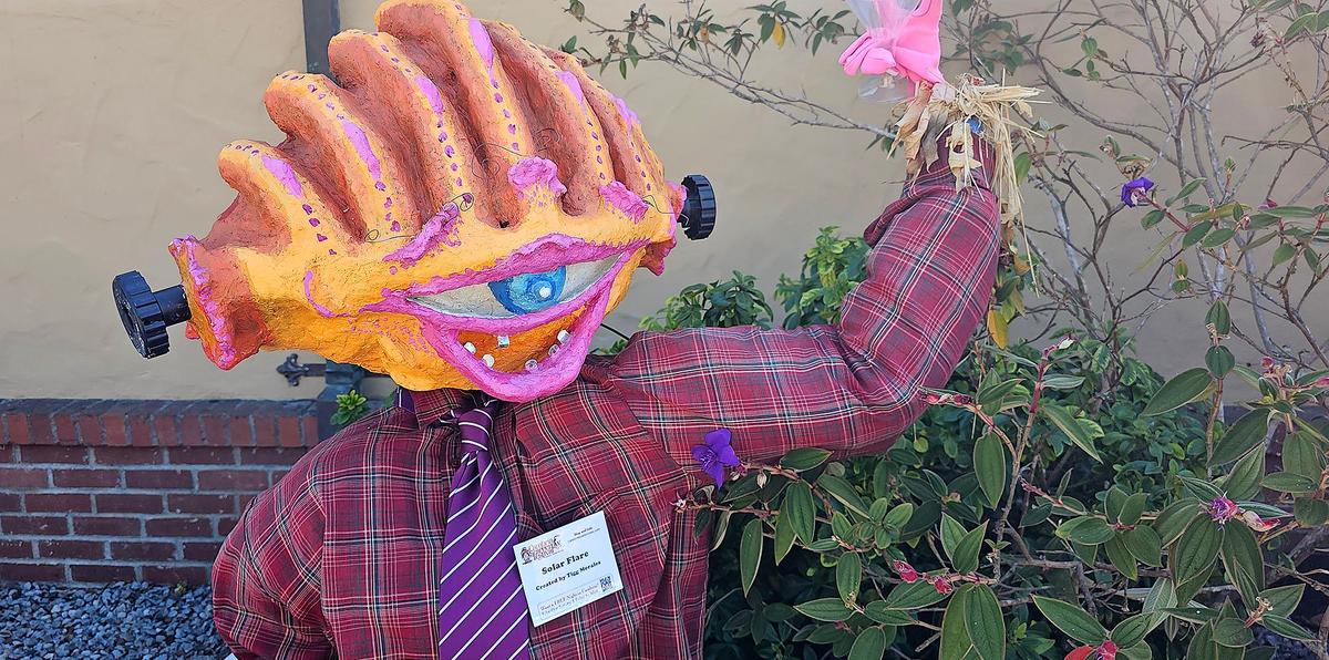 Cambria’s Scarecrow Festival is back. It runs the entire month of October. Whimsical alien scarecrow sculptures in front of Cambria Center for the Arts