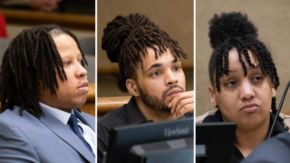 From left to right, Joshua Murphy, Tremaine Jones and Heather Hunt listen during opening statements in the case against them in San Luis Obispo Superior Court on June 17, 2025. The three are accused of conspiring together and sex trafficking a 15-year-old girl.