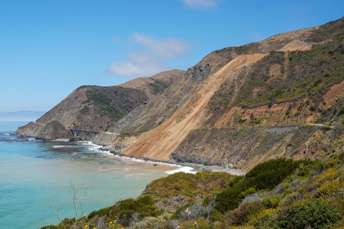 Regent’s Slide covers part of Highway 1 on the Big Sur coast, pictured Thursday, July 17, 2025. Regent’s Slide closed Highway 1 around 27 miles north of the San Luis Obispo-Monterey county line in February 2024.