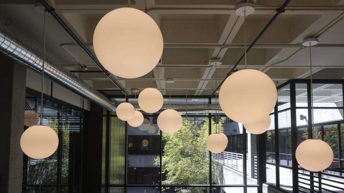 Lighting appears to float over the lobby. Cal Poly had a tour of the nearly $80 million renovation of the Robert E. Kennedy Library on Sept. 9, 2025.