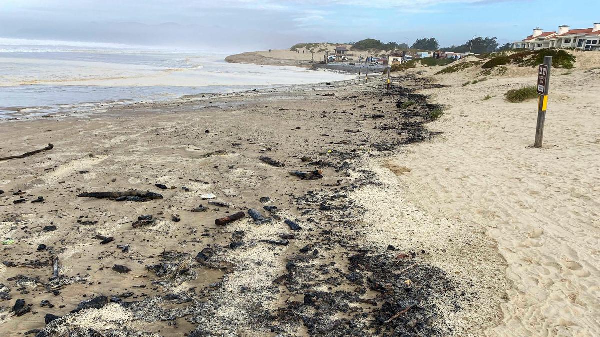 Storm driven high swells on the ocean combined with seasonal high tides washed debris on beach at Oceano Dunes SVRA, including firepit ashes and driftwood Dec. 28, 2023. A man was found dead on the beach at the state park on Jan. 10, 2024.