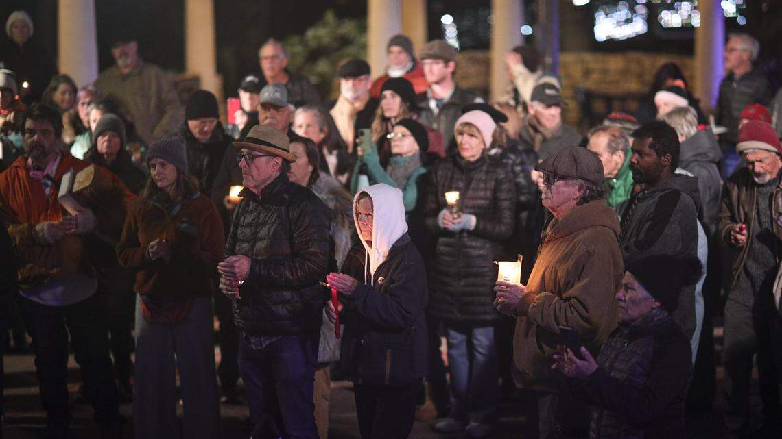 About 200 people gathered in Mission Plaza on Jan. 8, 2026, to honor Renee Nicole Good, the Minneapolis woman killed by ICE, and to protest recent ICE activity on the Central Coast.
