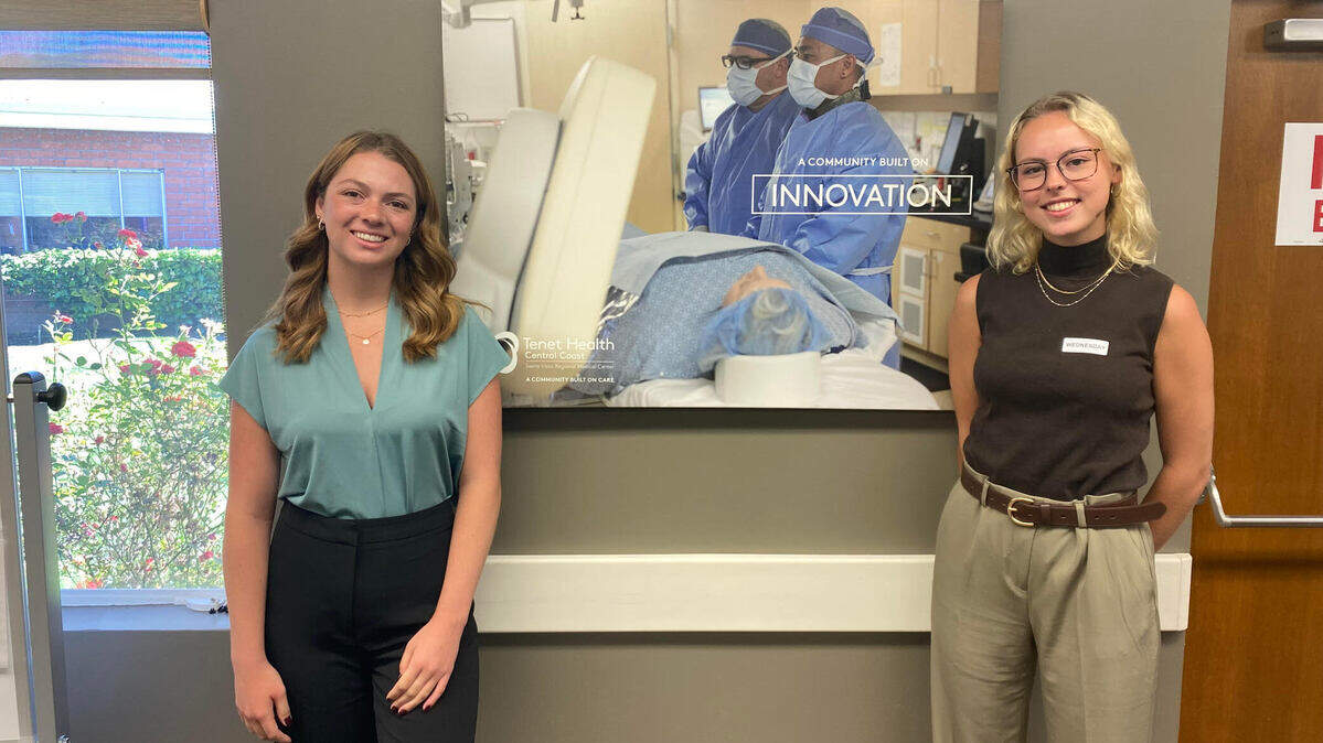 Riley Gordon, left, and Kayla Lovejoy, are two of the Cal Poly bioengineering students participating in a clinical immersion program at Sierra Vista Regional Medical Center, seen here the kick-off meeting on July 5, 2023. 