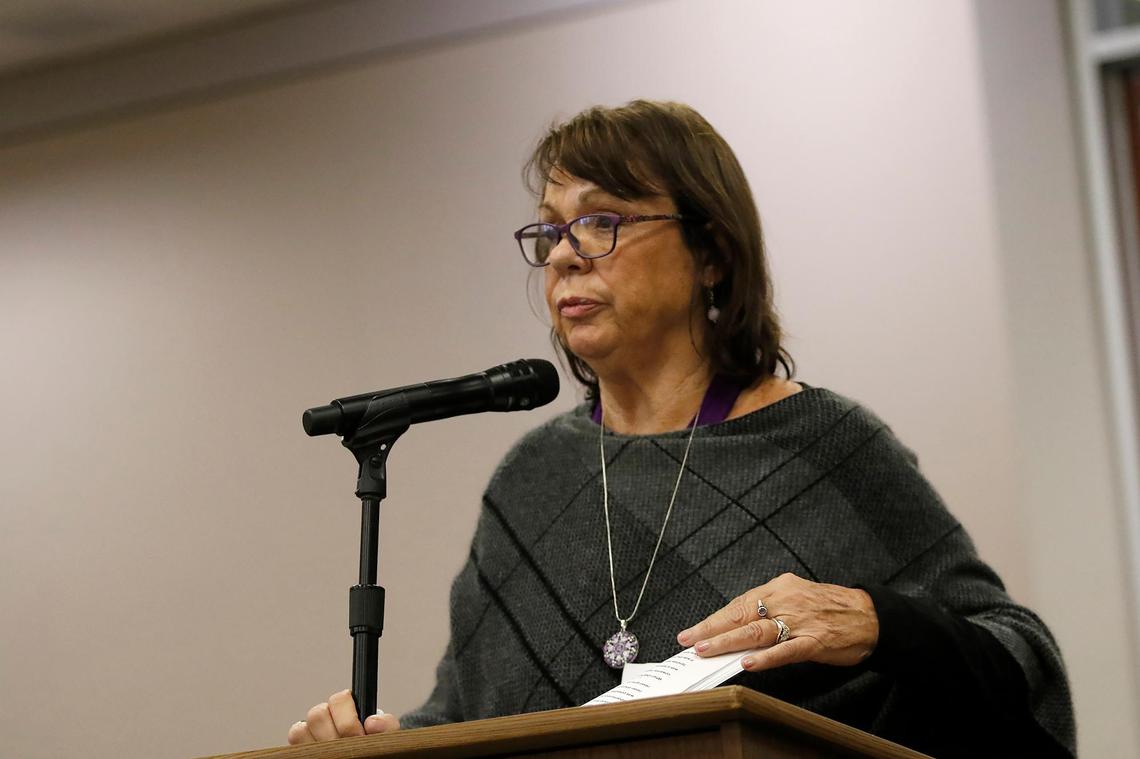 Kristin Smart’s mother Denise Smart speaks in court before Paul Flores was sentenced to 25 years to life in prison at Monterey County Superior Court in Salinas on March 10, 2023.